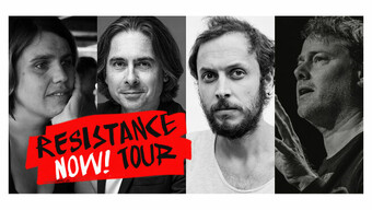 Resistance Now Tour event graphic with portraits of the four panelists.