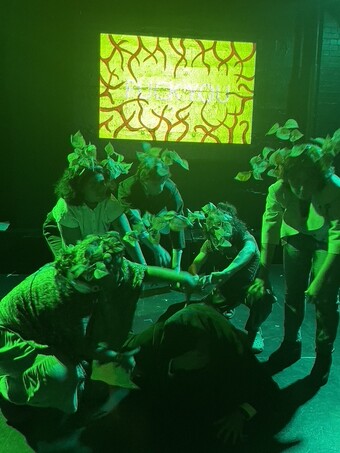 A group of performers with plants on their heads perform onstage.