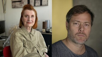 headshots of playwright Elfriede Jelinek and director Milo Rau.
