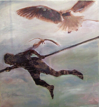 A painting of a man falling and a white bird. 