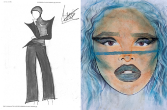 Two drawings side by side: one of a woman with blue hair and another of a person in dark spiky clothes.