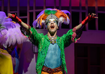 A person dressed in masquerade attire singing out dramatically.