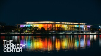 The Kennedy Center lit with rainbow lights.