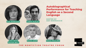 A promotional graphic for the Nonfiction Theatre Forum podcast.