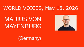 event poster for world voices with marius von mayenburg germany.