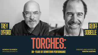 Trey Lyford and Geoff Sobelle event poster for the TORCHES interview series.