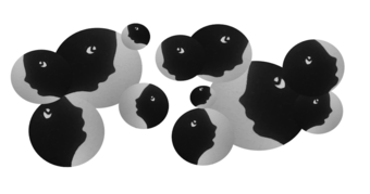 An abstract illustration of black and grey orbs.