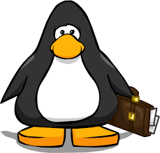 A drawing of a penguin holding a briefcase.