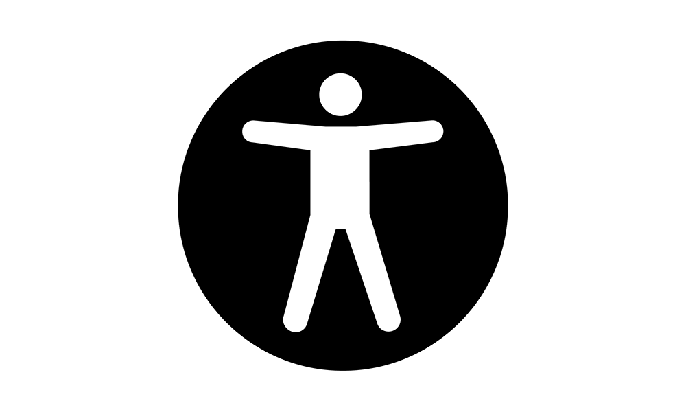 Accessibility icon. A figure of a human with their arms and legs spread in an open position representing universal accessibility for the web