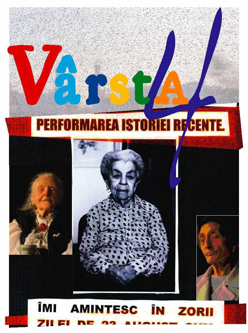 collage of older actors onstage with multicolored text varsta 4
