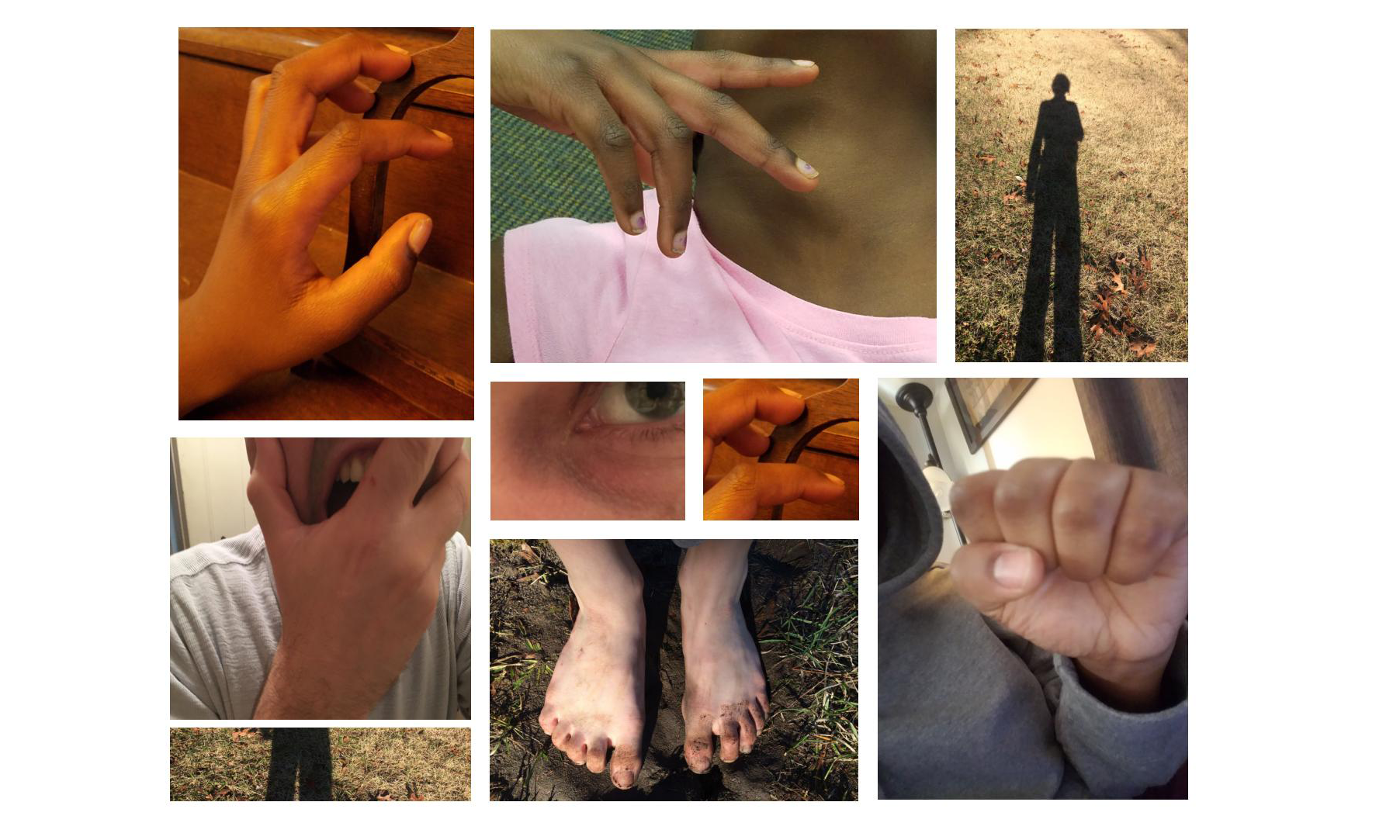 collage of close-up body images, including hands and feet