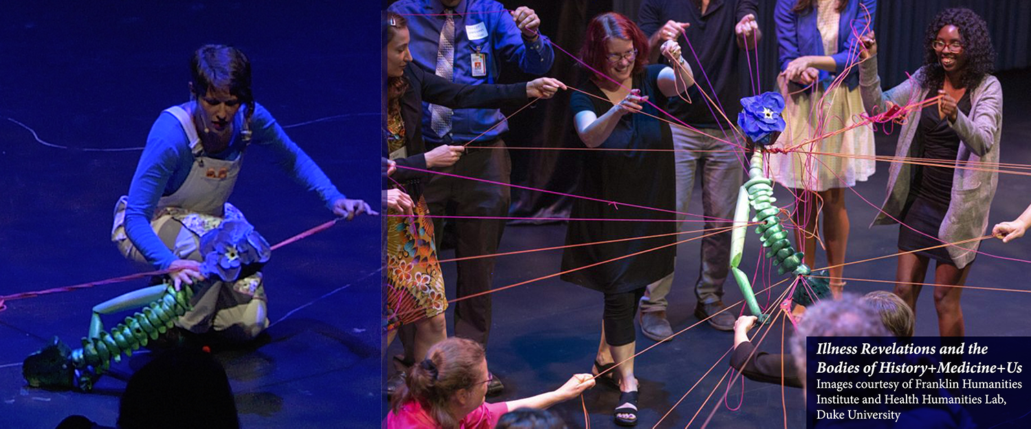 On the left, a woman in a blue shirt and white overalls is bending down over a puppet that has a blue flower head and green spine body. She is pulling a pink string through its spine. The background is deep blue lighting. On the right, the same puppet is in the center of a circle of people, who are all holding pink and orange strings that are connected to three points on the puppet body: pelvis, chest, and neck. The skeletal flower puppet is suspended in the center of the circle by the strings. 