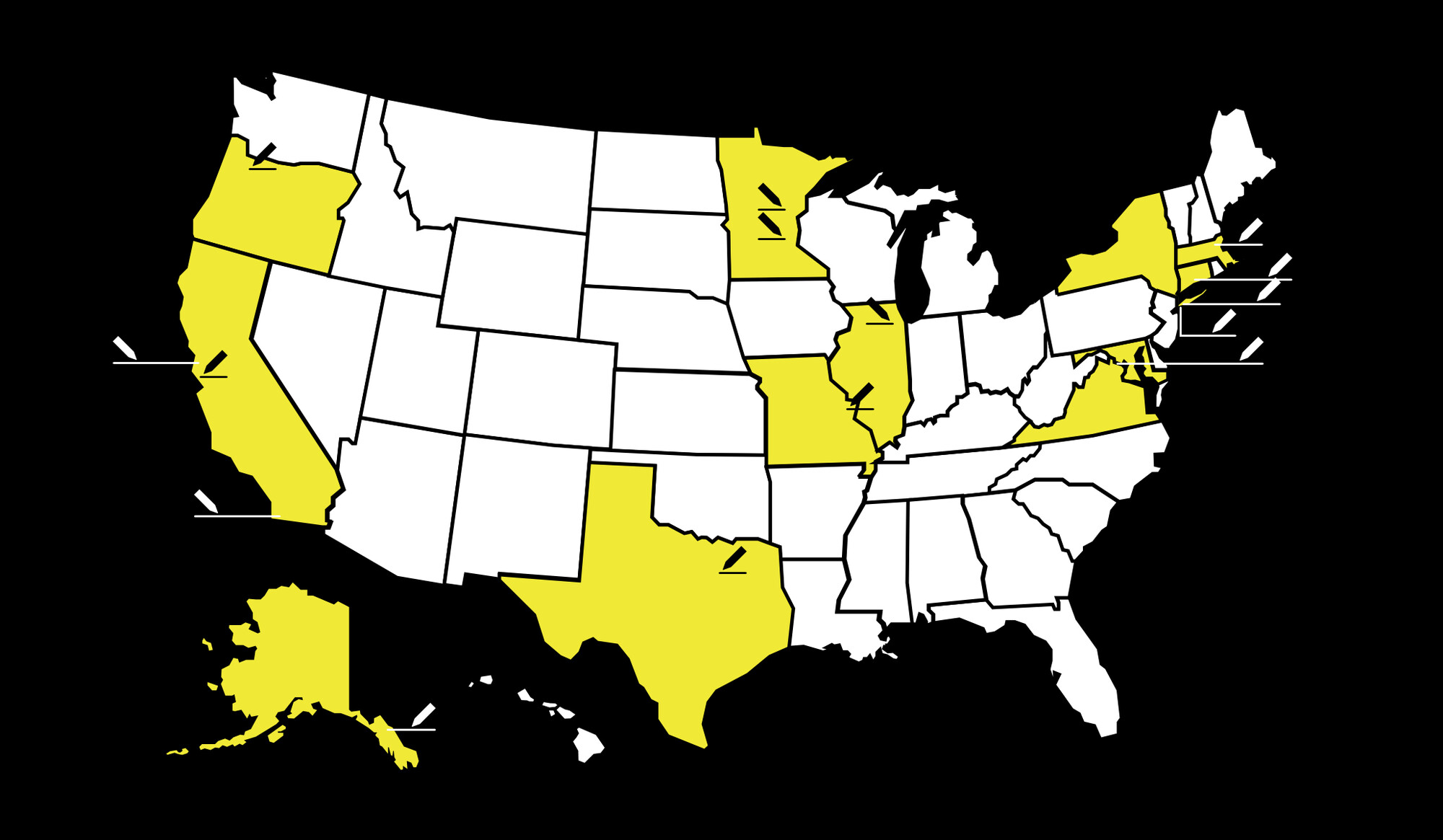 black, white, and yellow map of the united states