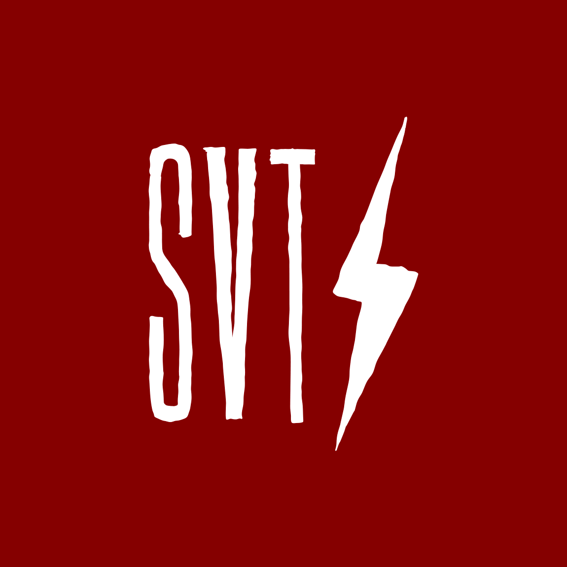 a dark red square. in white, the letters S V T and a lightning bolt.
