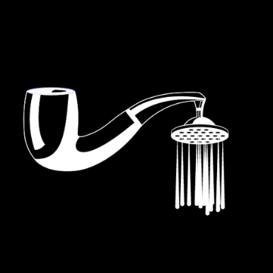 black and white graphic of smoking pipe with showerhead attachment