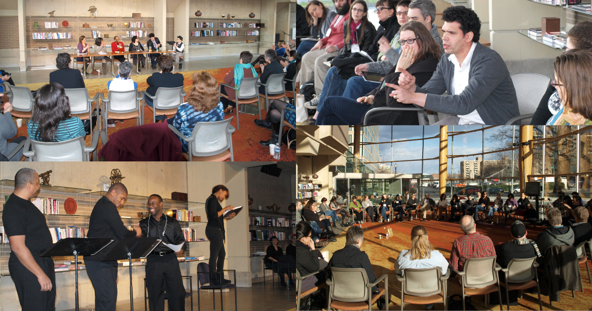 Collage of theatre artists gathering, speaking, and performing at the 21st Century Literary Office convening.