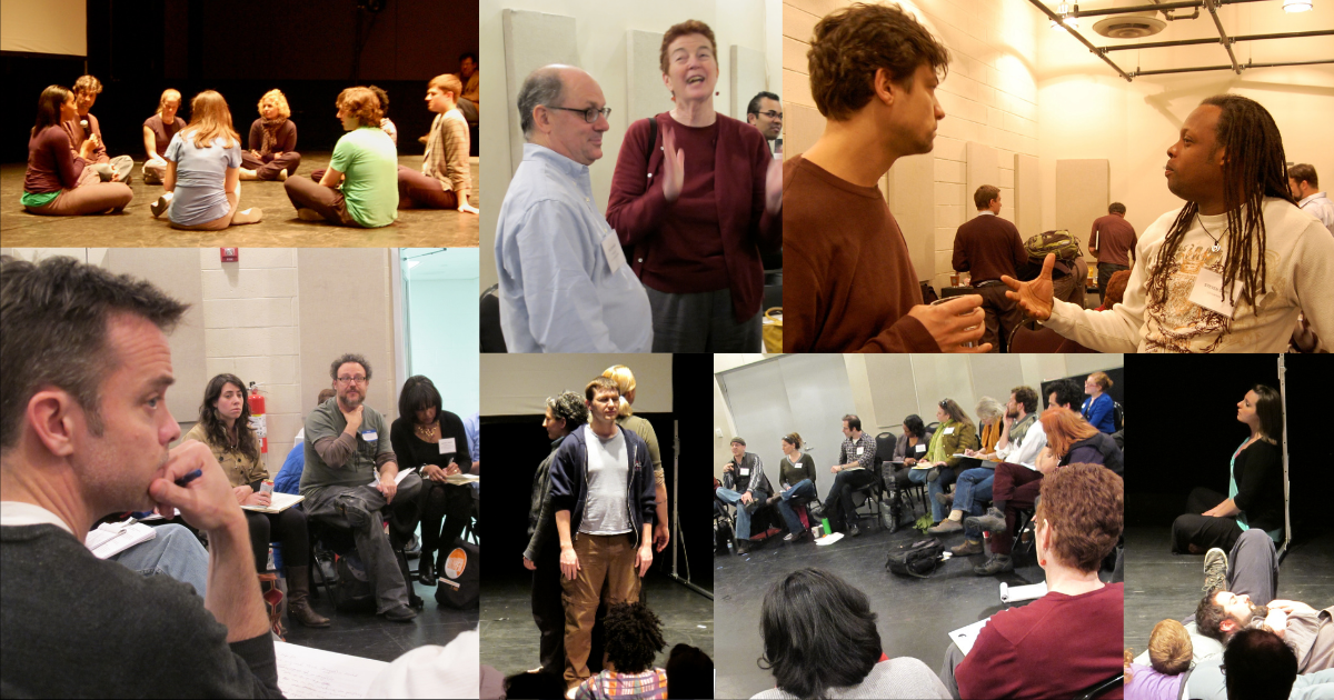 Collage of theatre artists gathering, speaking, and performing at the Theatre Outside the Box convening.