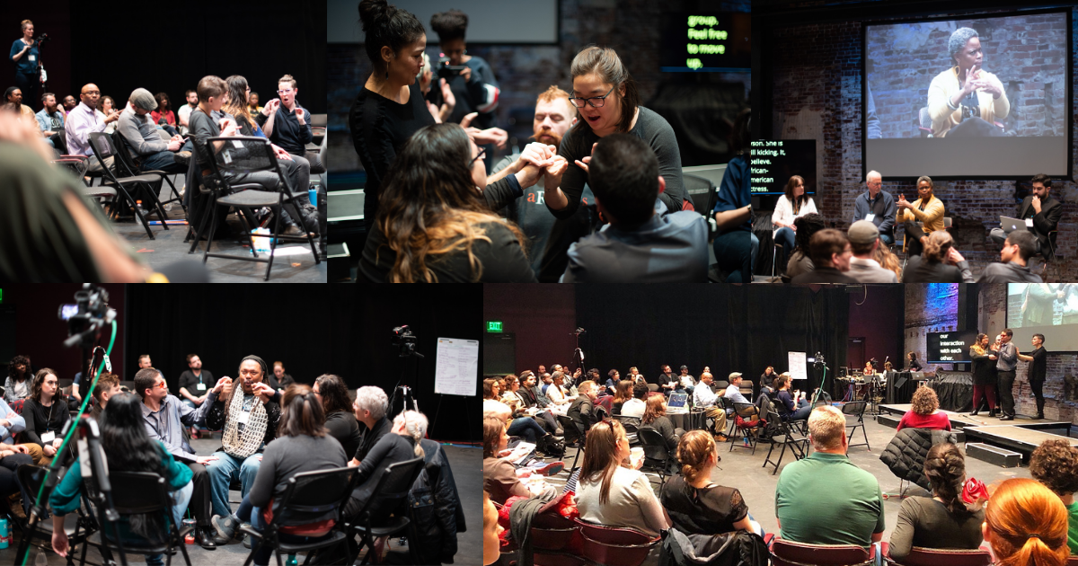 Collage of theatre artists participating in group activities at the Deaf Theatre Action Planning Session.