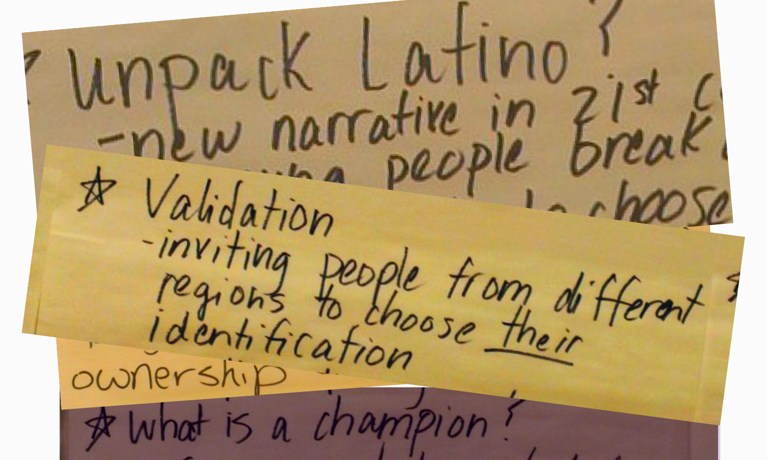 Stylized handwritten notes reading variously: Unpack Latino?, validation: inviting people from different regions to choose their identification; ownership; What is a champion? 