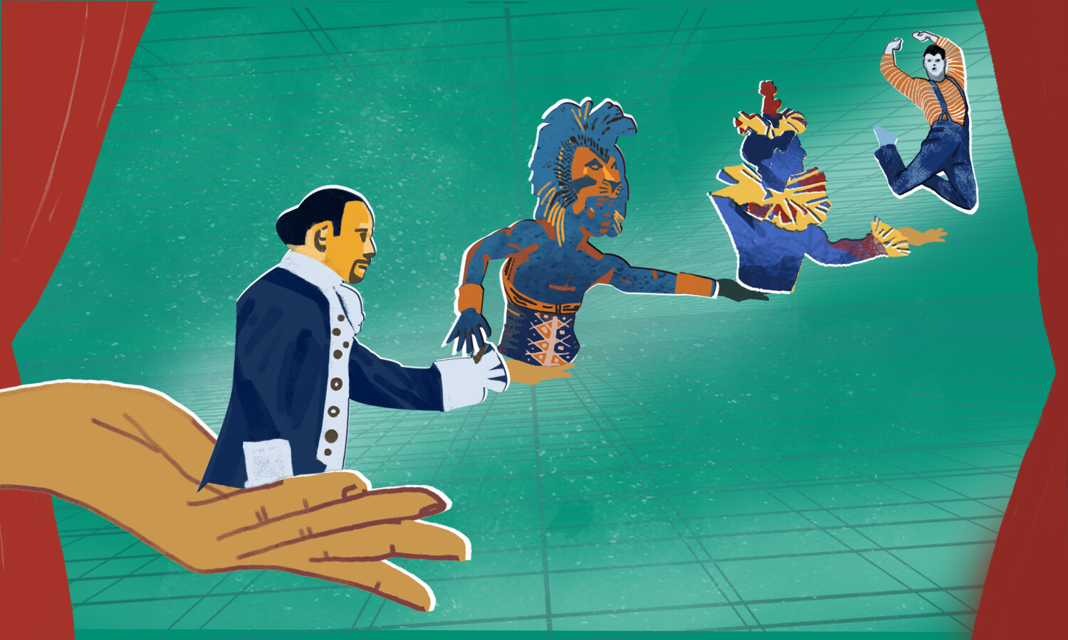 An image of a hand, and in its palm is a shakespearean actor with his arm extended offering an actor from the Lion King, who is offering a clown, who offers a leaping person. They appear in front of a teal background that is bordered by red curtains. 