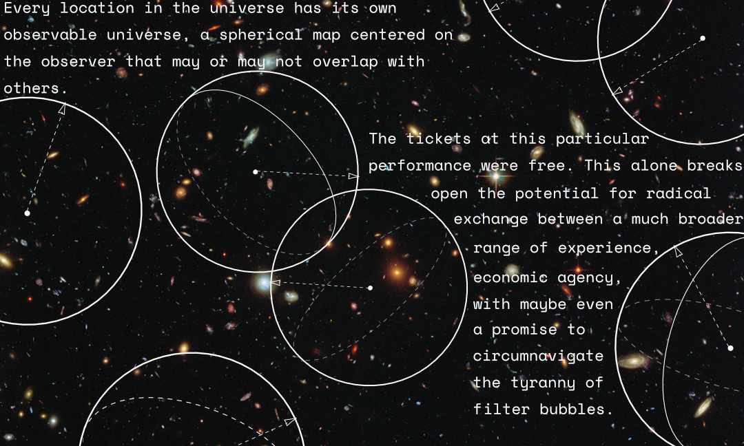 Footnote 1. Renderings of spheres overlaying a backdrop of stars in space. Two blocks of text border the edges of the photo.  