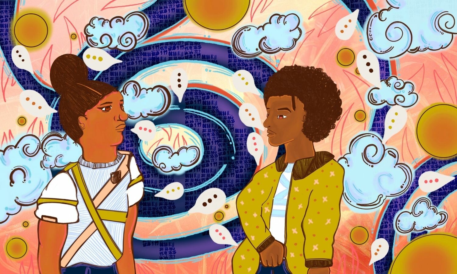 An illustration of two Black people with different hairstyles and outfits, surrounded by clouds and suns, against an orange and blue background.