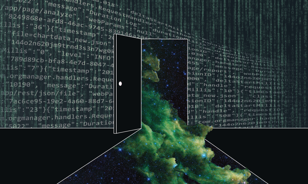 Footnote 3. An image of a door that opens up and allows a green galaxy of starts to pour through it. The door is on a wall of coding. 