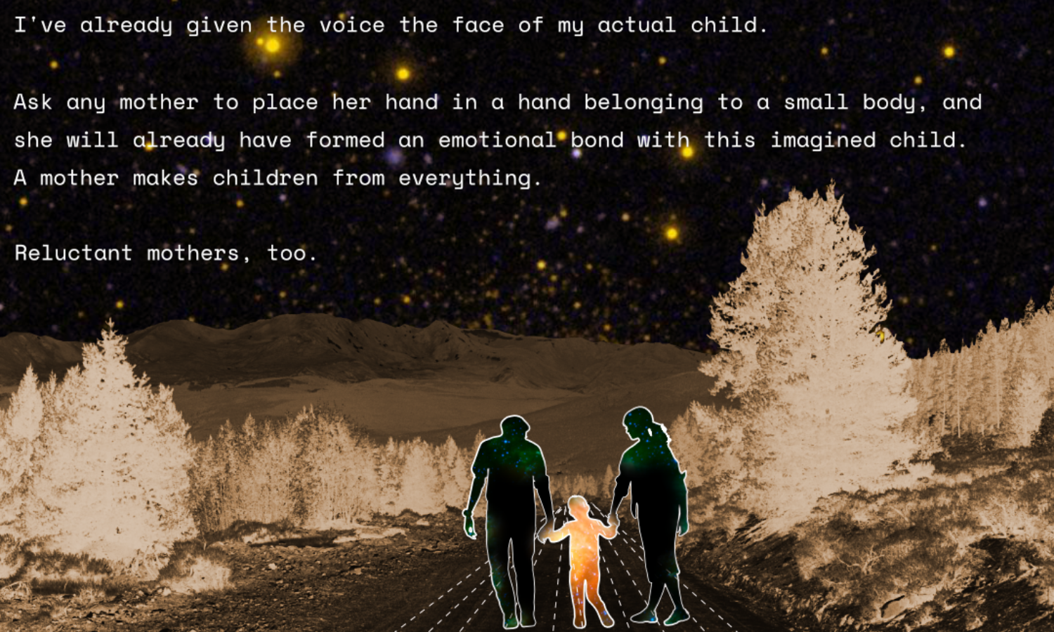 Footnote 6. Images of the outline of two adults helping a toddler walk dow an long road. They are filled with stars, and the sky is also full of stars. We see trees as if through night vision goggles. Text overlays the night sky. 