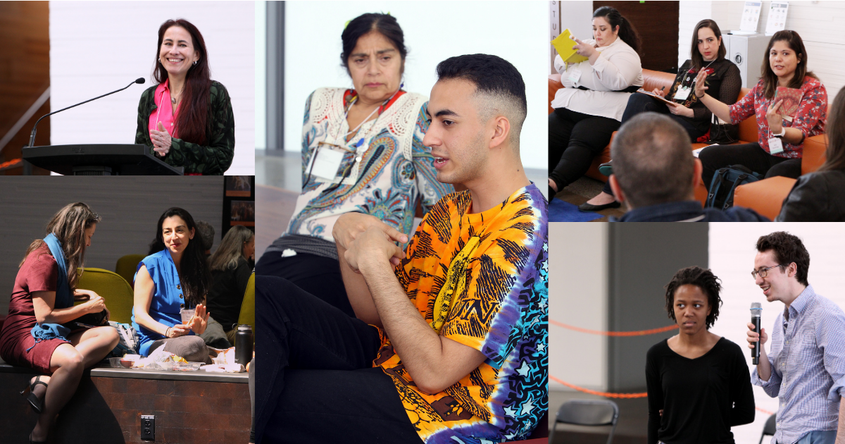 Collage of theatre artists gathering and speaking at the LTC María Irene Fornés Symposium.