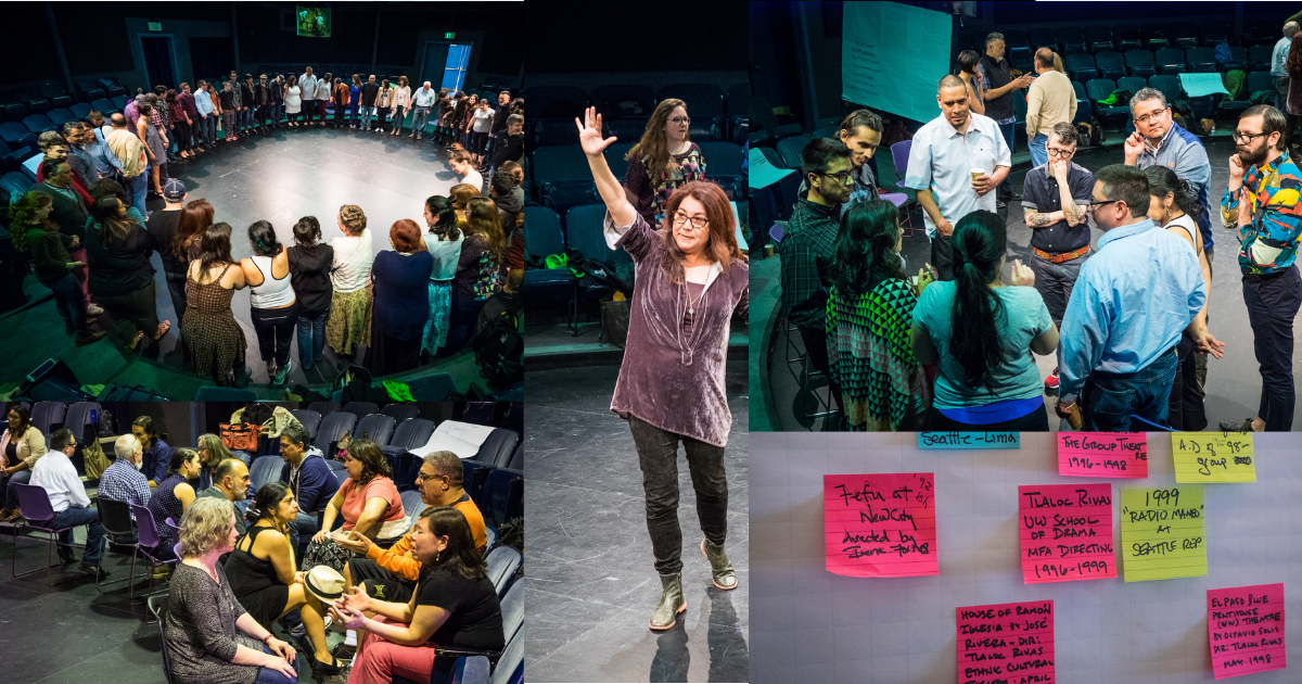 Collage of theatre artists participating in activities at the 2016 Latinx Theatre Commons Pacific Northwest Regional Convening.
