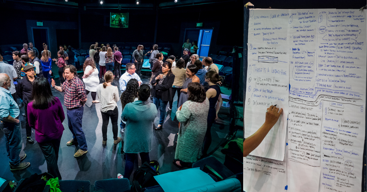 On the left, theatre artists mingle in a black box theater. On the right, a person takes notes on a large sheet of paper on a wall.