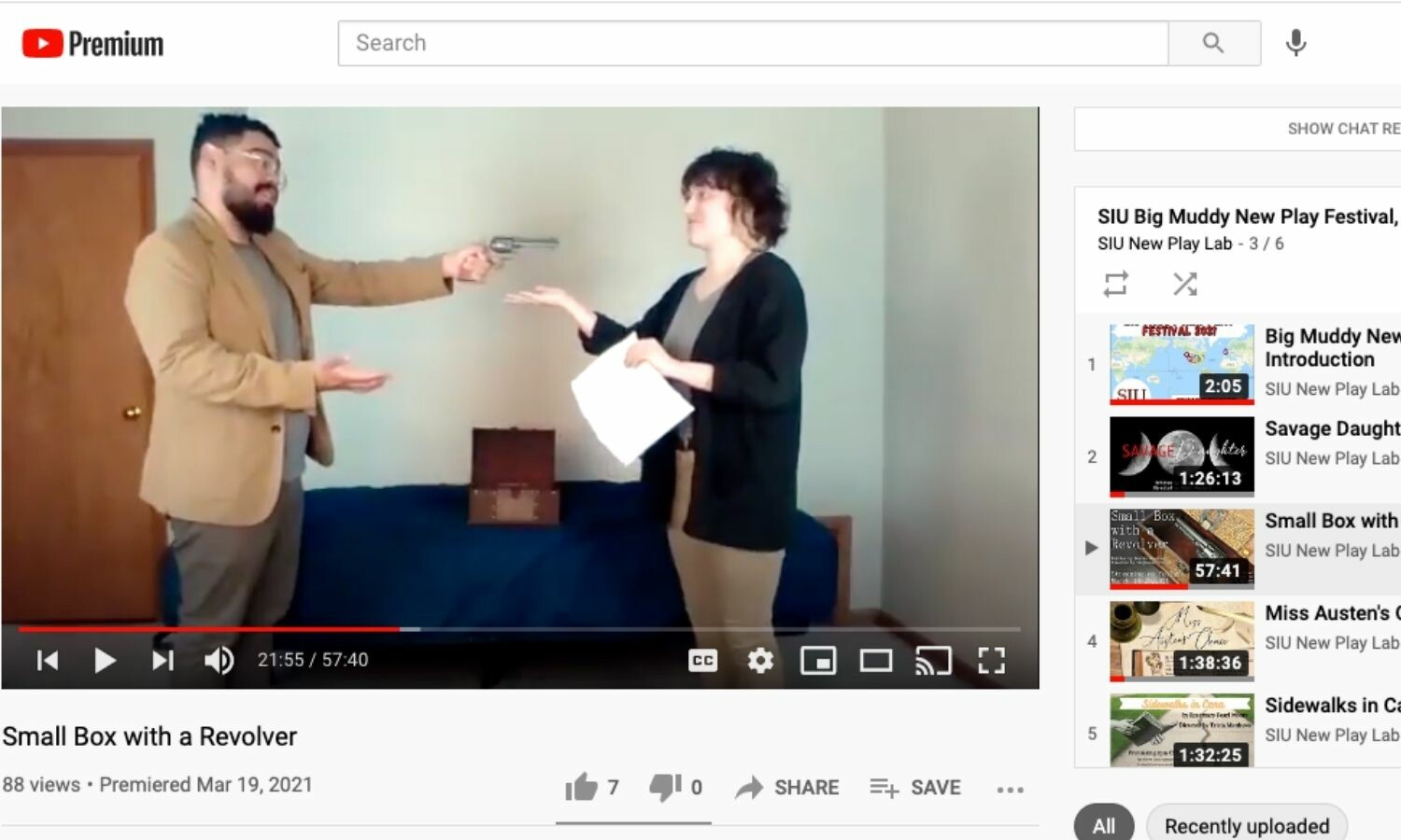A screenshot of the play Small Box with a Revolver on Youtube.