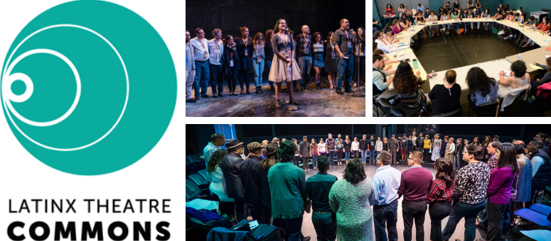 On the left, the logo for the Latinx Theatre Commons. On the right, three images of theatre artists gathering and speaking at a convening.