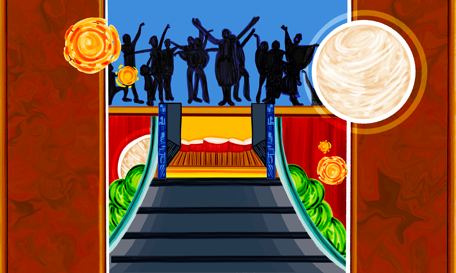 Illustration of people dancing on a stage with stairs leading up to it.