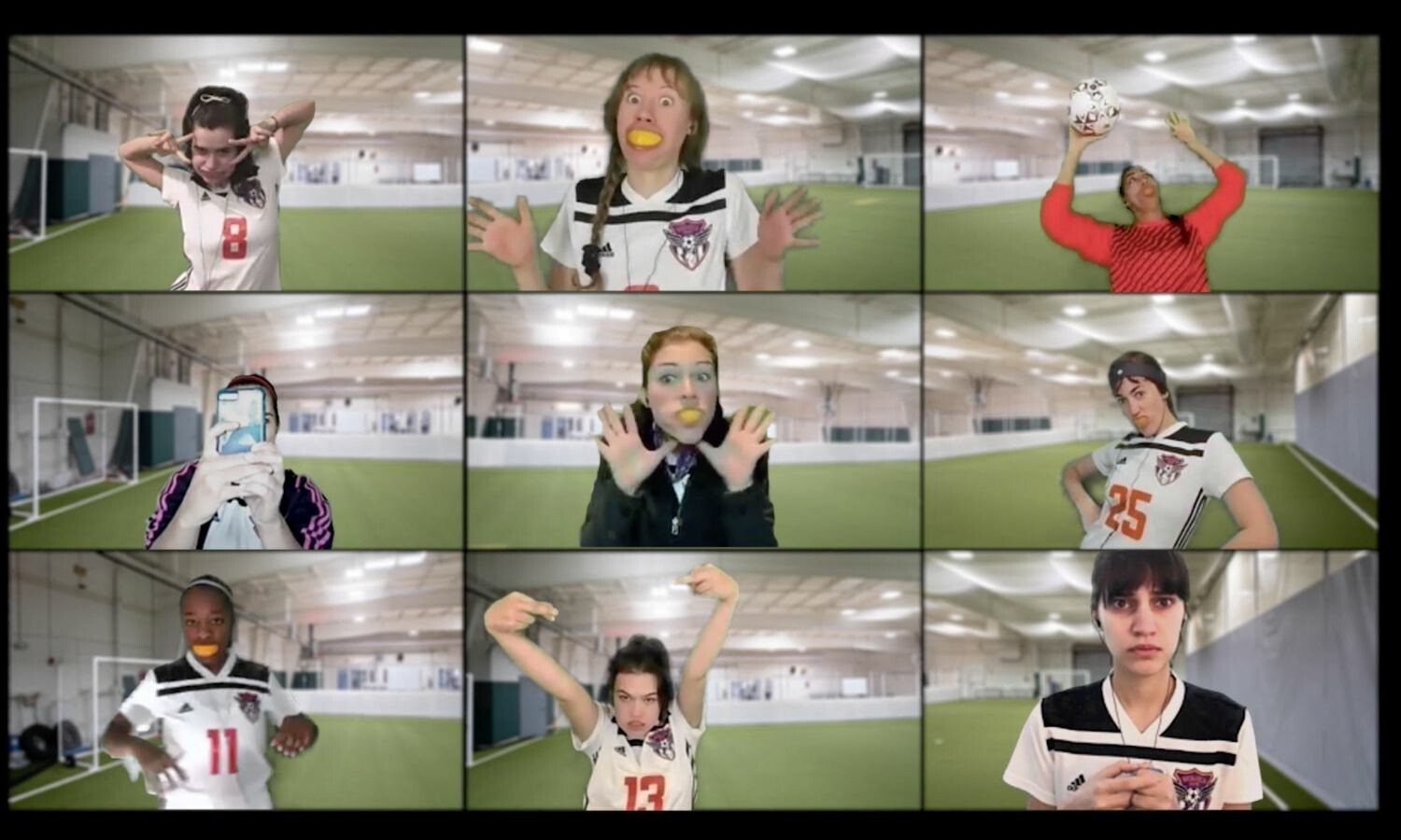 Nine actresses in soccer uniforms with most of them doing goofy gestures. Some have orange peels in their mouths.
