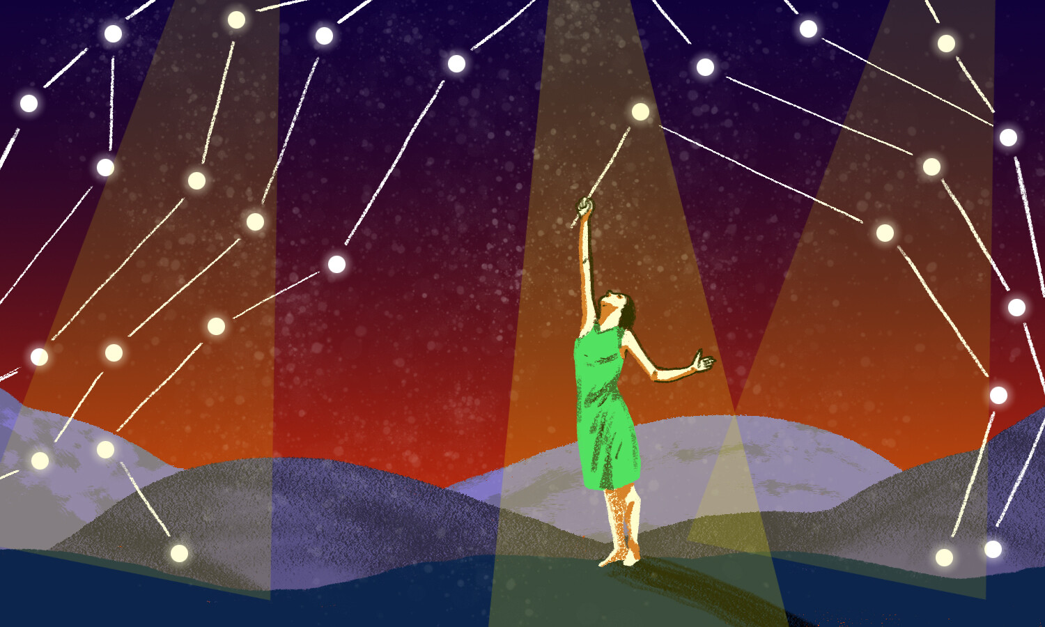 An illustration of a woman in a green dress holding a stick up to a circular light above. She is surrounded by plenty of these lights, each connected by lines.