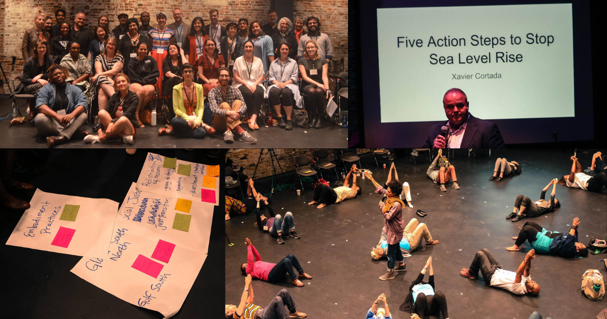Collage of theatre artists participating in activities at the Theatre in the Age of Climate Change Convening.