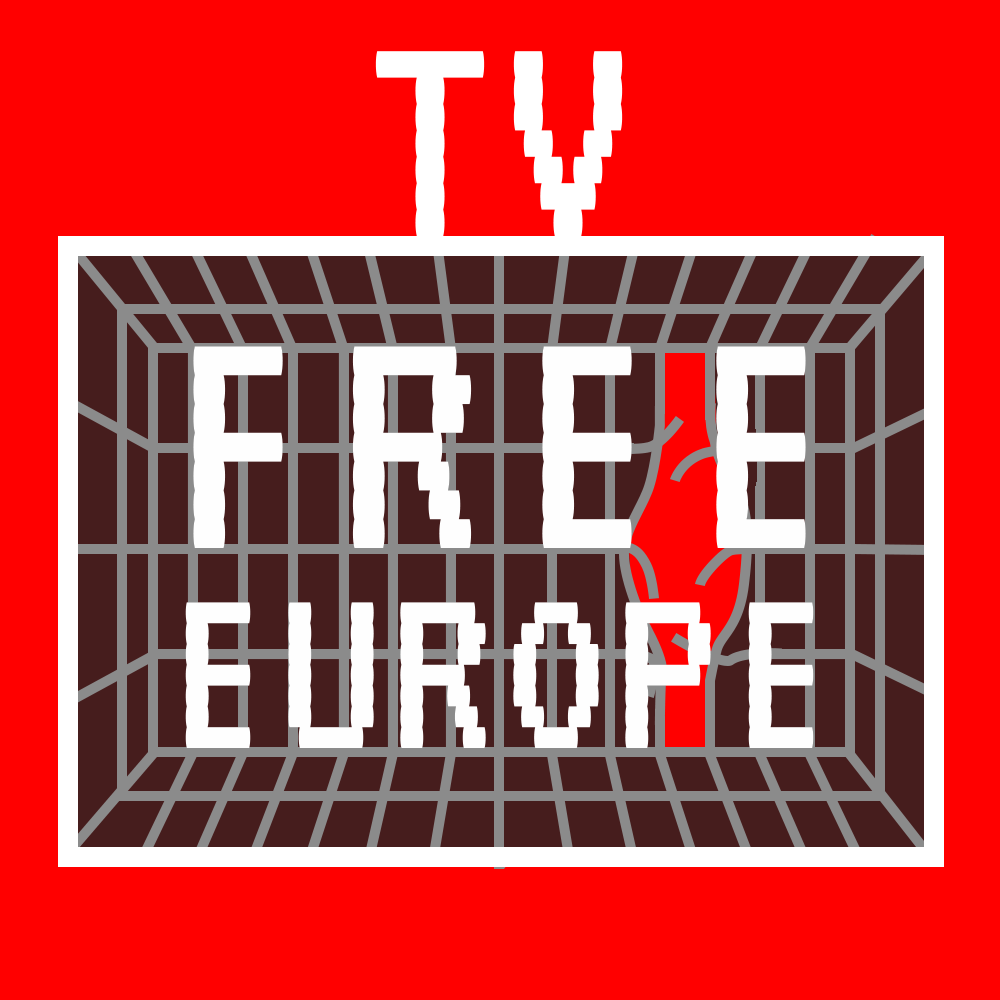 graphic of old tv shaped like text t v free europe.
