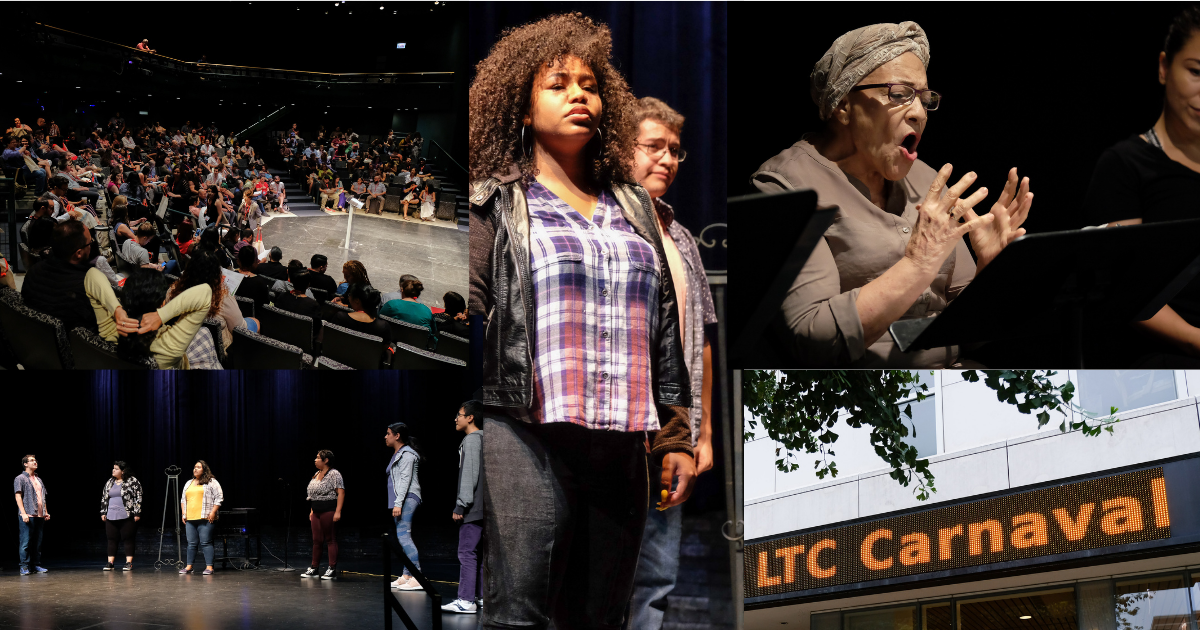 Collage of theatre artists gathering, speaking, and performing at the LTC Carnaval of New Latinx Work.