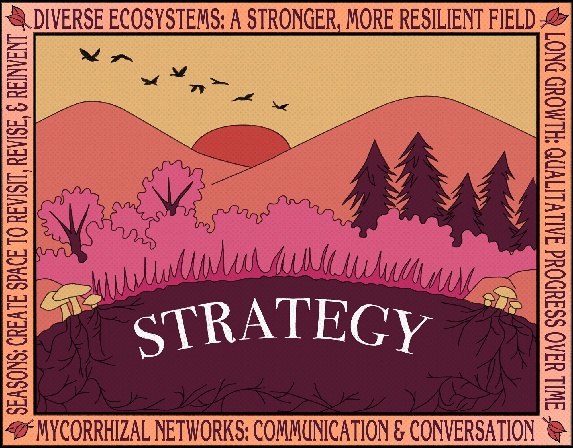 A pinkish-orange image with the word "Strategy" against a forest and mountain background with the words "diverse ecosystems," "long growth," "mycorrhizal networks," and "seasons" in the margins. 