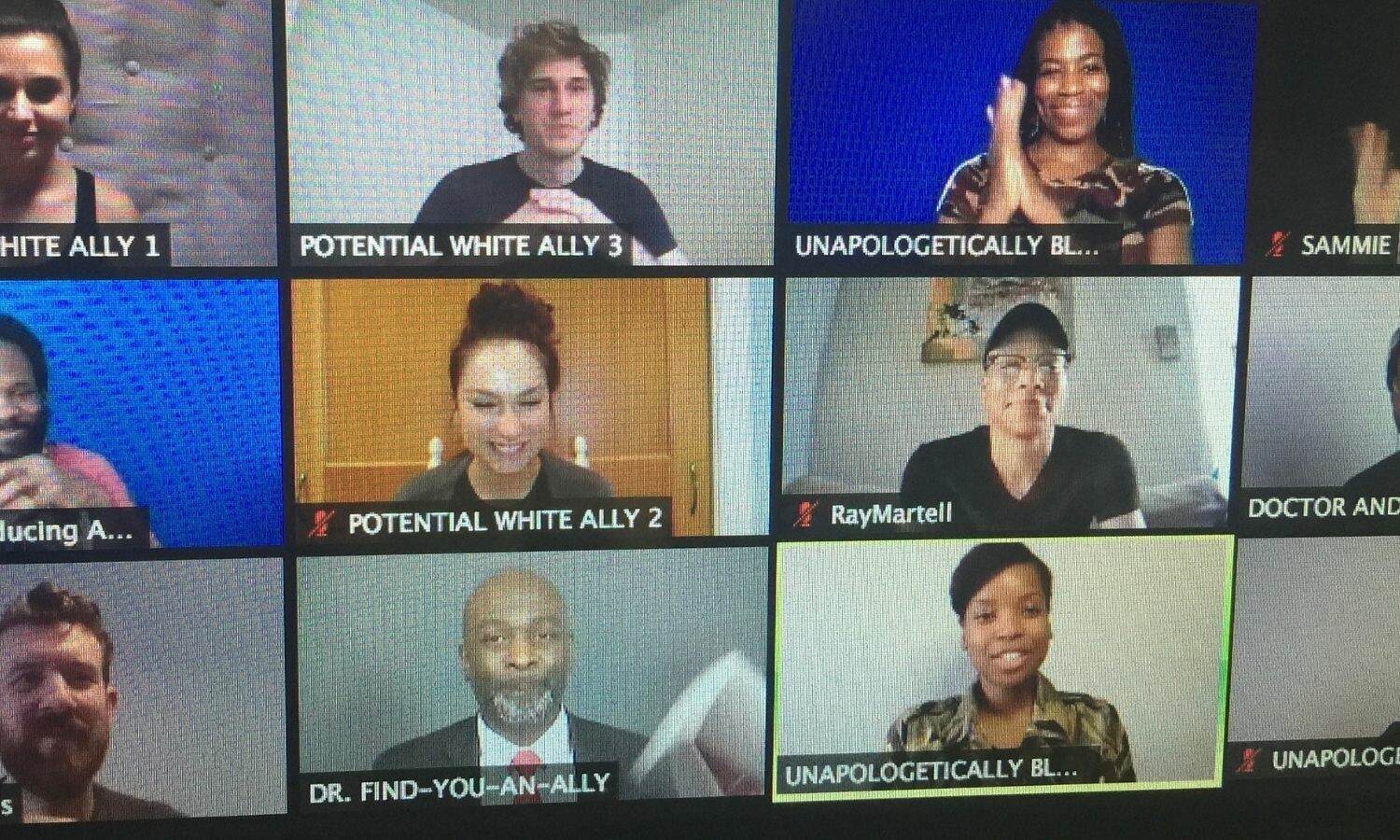 A photo of a Zoom play with characters named Potential White Ally and Unapologetically Black Specialist.