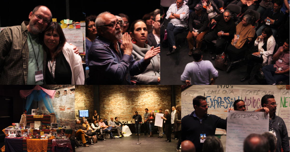 Collage of theatre artists speaking, gathering, and performing at the 2013 LTC National Convening.