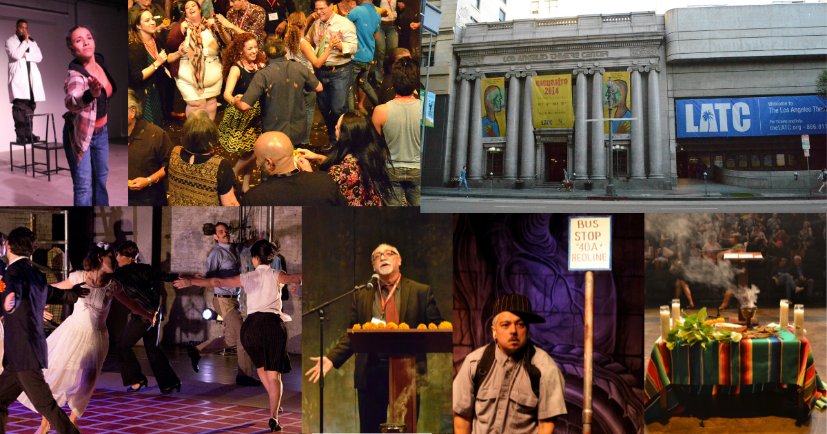 Collage of images of theatre artists speaking, performing, and dancing at the 2014 LTC National Convening.