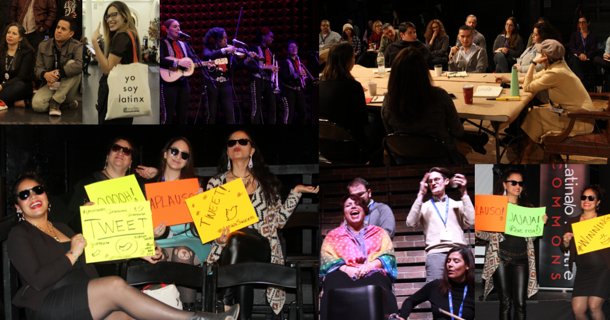 Collage of theatre artists speaking, gathering, and performing at the 2016 LTC NYC Regional Convening.