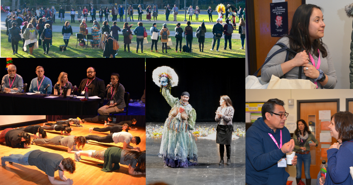 Collage of theatre artists speaking, gathering, and performing at the LTC TYA Convening.