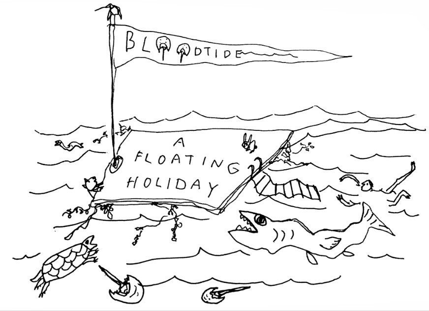 A drawn raft with a flag that reads "Bloodtide" in the ocean surrounded by sea critters, and a human attempting to get aboard.