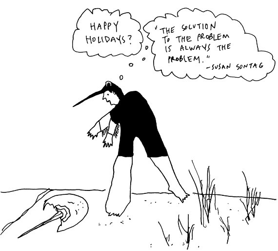 A drawn character wishing you Happy Holidays while standing over a horseshoe crab.