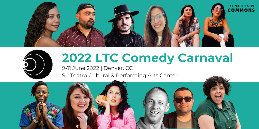 Graphic with portraits of 12 artists and the Latinx Theatre Commons logo.