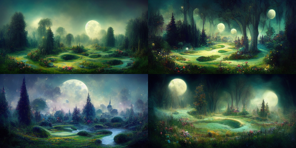 Four drawings of green landscapes with a large moon in the sky.
