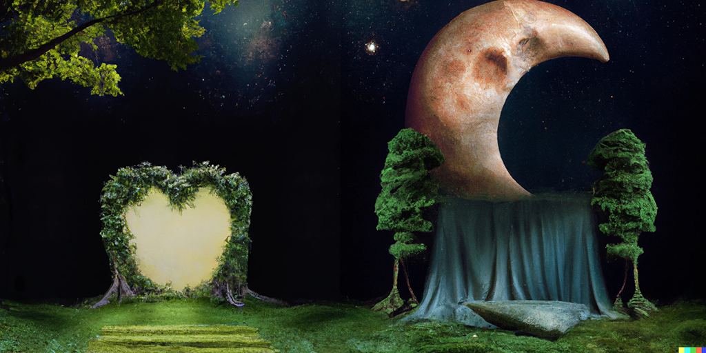 A staged setting with a heart shape made from bushes and a giant crescent moon in the backdrop.
